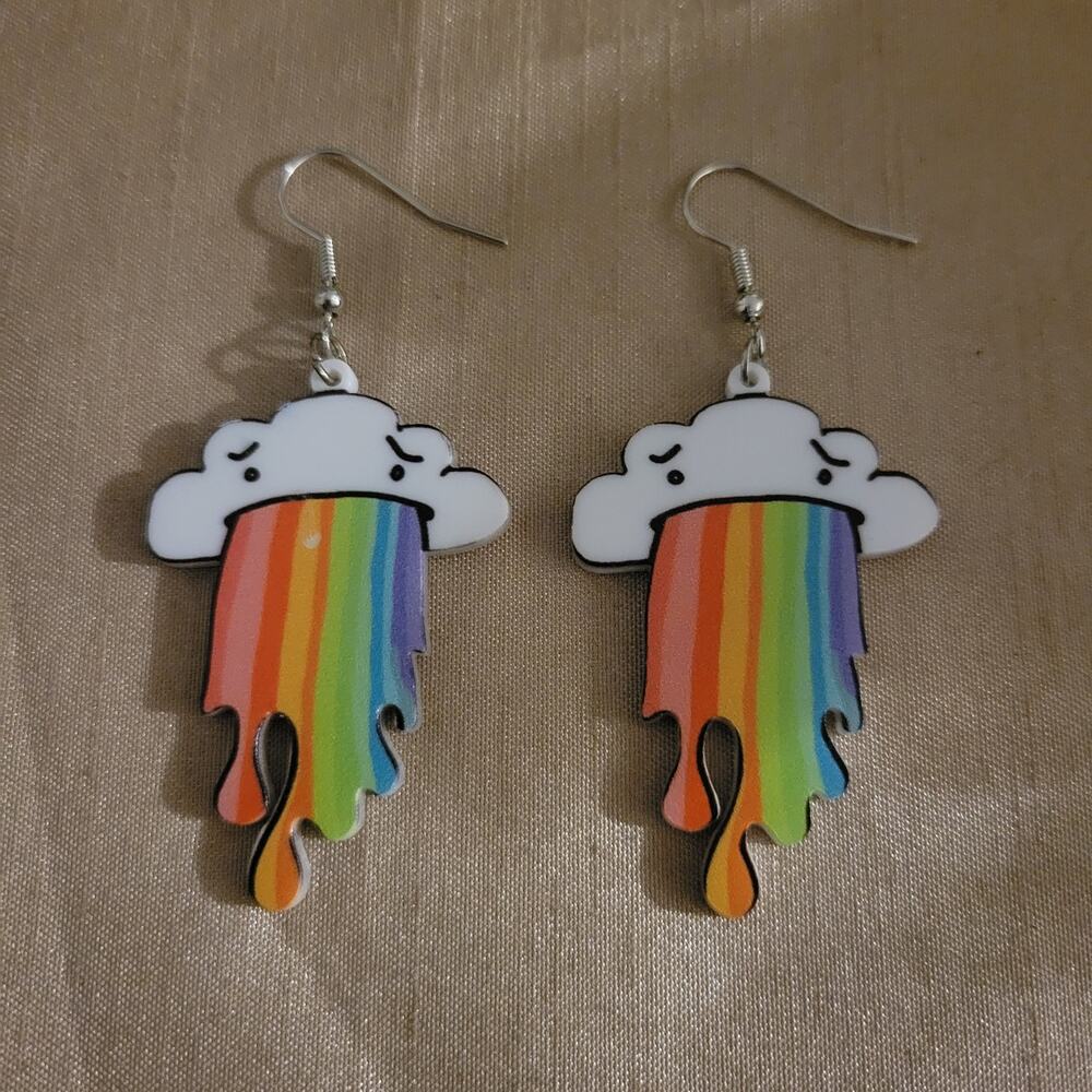 funny cartoon cloud puking a rainbow acrylic earrings